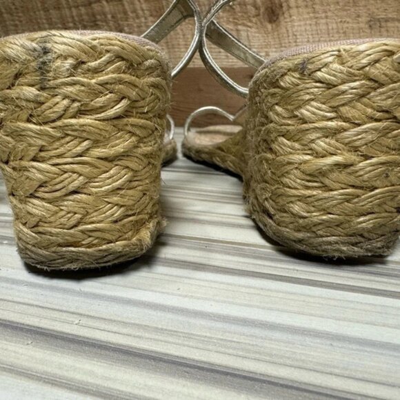 Ralph Lauren Corala Espadrilles Wedge  Sandals 7M rhinestone t strap silver tan - Picture 2 of 4
